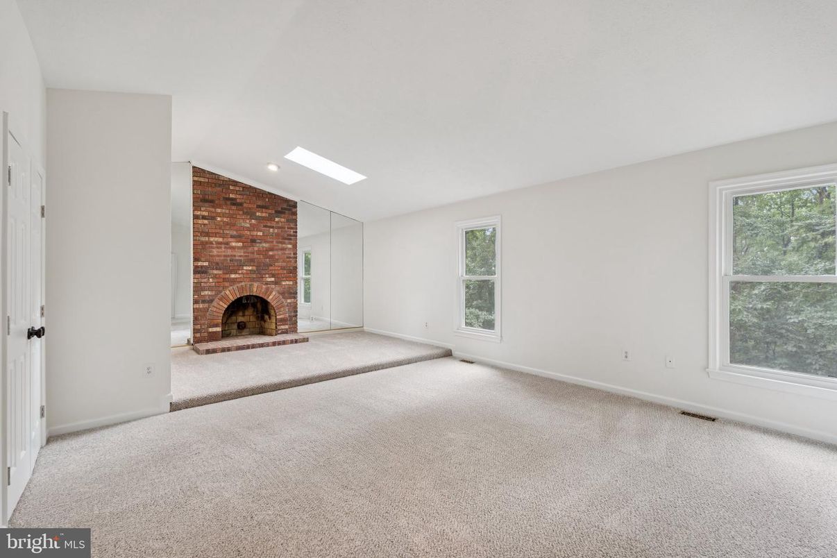 Empty room, Fireplace, Interior, Recessed Lighting, Stone Walls