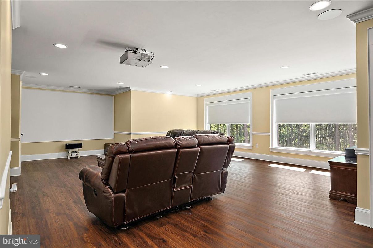 Home Theatre Room, Interior, Projection Screen, Recessed Lighting, Theatre Room, Wood Texture Flooring