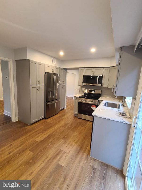 Interior, Kitchen, Recessed Lighting, Stainless Steel Appliances, Wood Texture Flooring