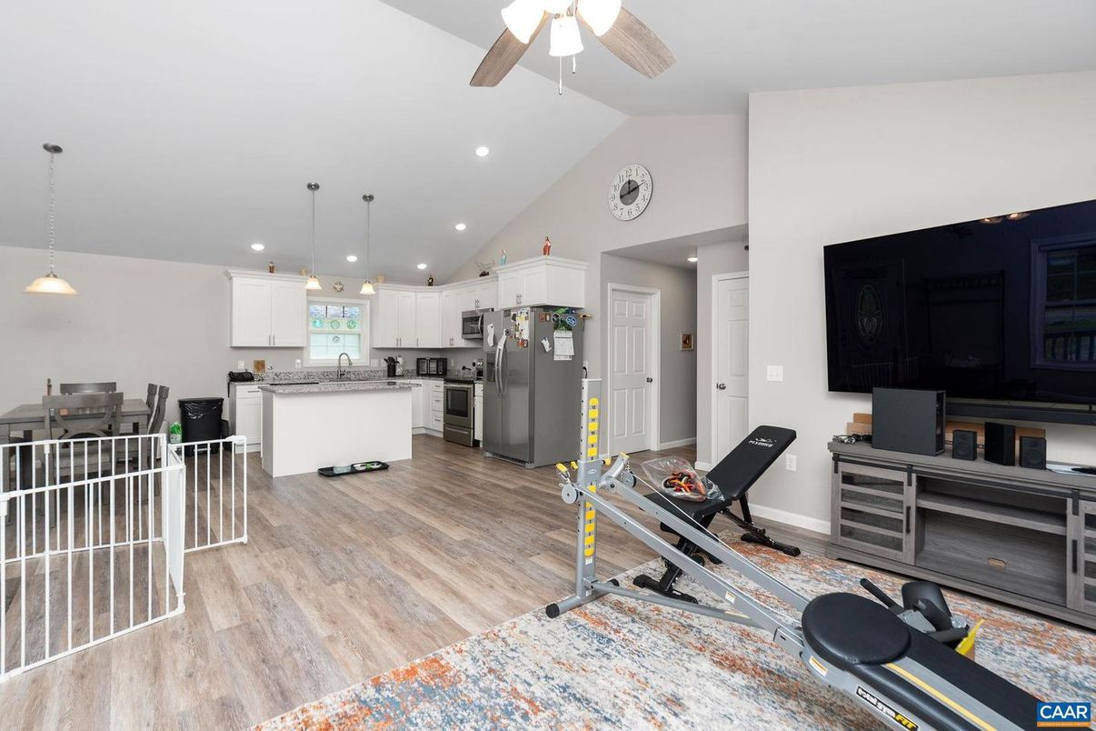 Interior, Kitchen, Pendant Lights, Recessed Lighting, Wood Texture Flooring