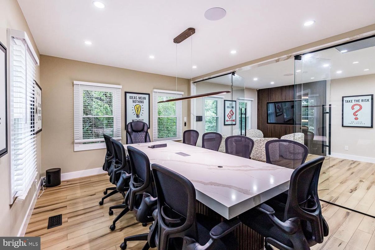 Dining room, Interior, Pendant Lights, Recessed Lighting, Wood Texture Flooring