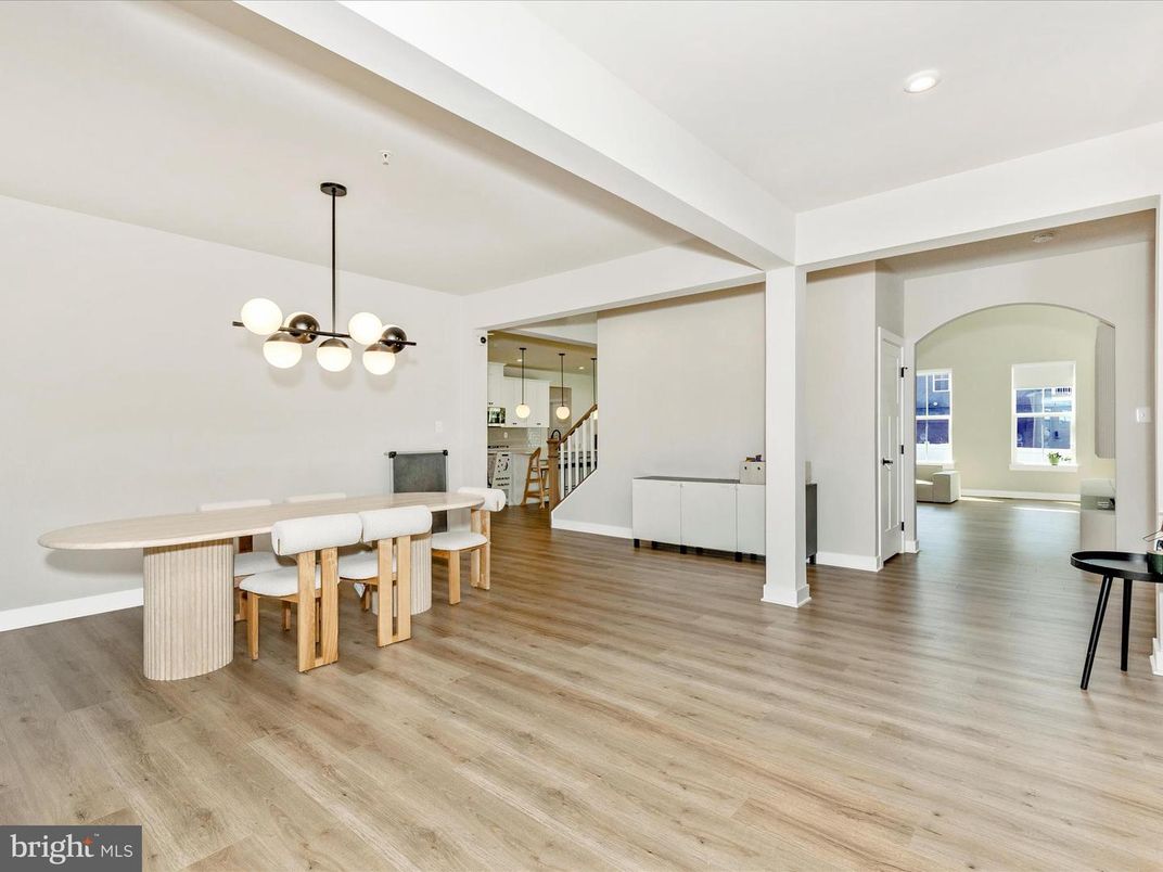 Dining room, Interior, Pendant Lights, Recessed Lighting, Wood Texture Flooring
