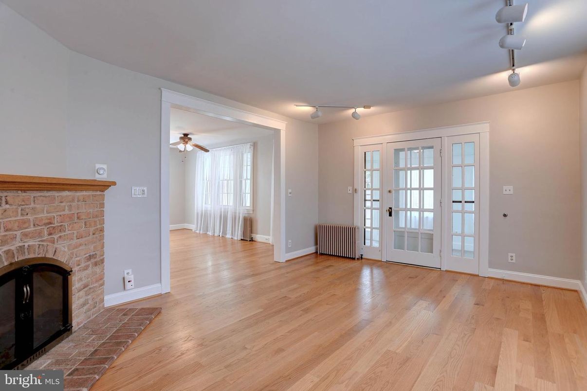 Empty room, Fireplace, Interior, Stone Walls, Wood Texture Flooring