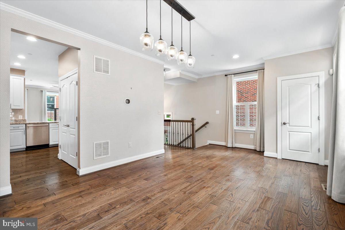 Empty room, Interior, Kitchen, Pendant Lights, Recessed Lighting, Wood Texture Flooring
