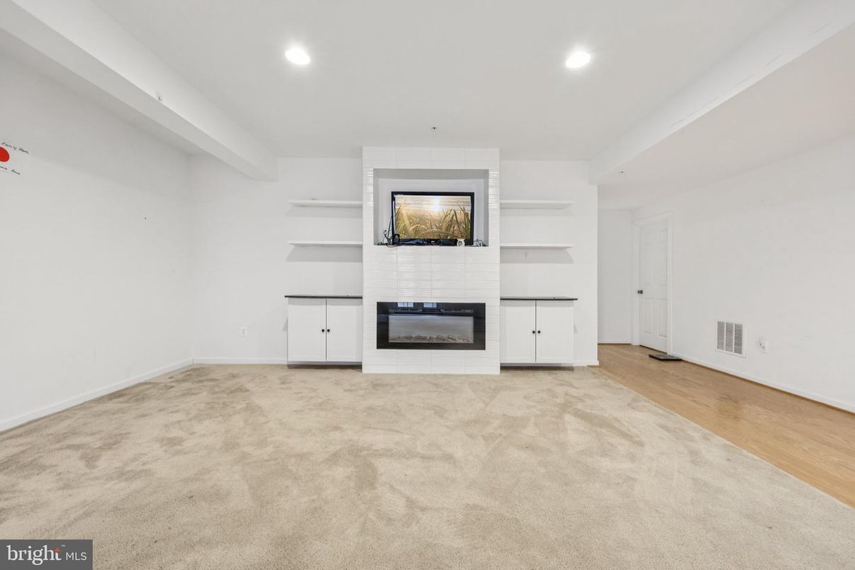 Empty room, Fireplace, Interior, Recessed Lighting, Wood Texture Flooring