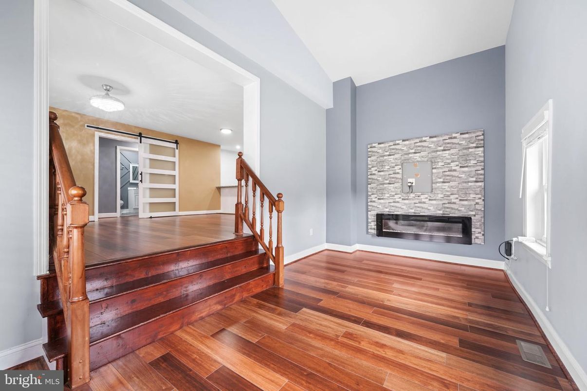 Empty room, Fireplace, Interior, Recessed Lighting, Wood Texture Flooring