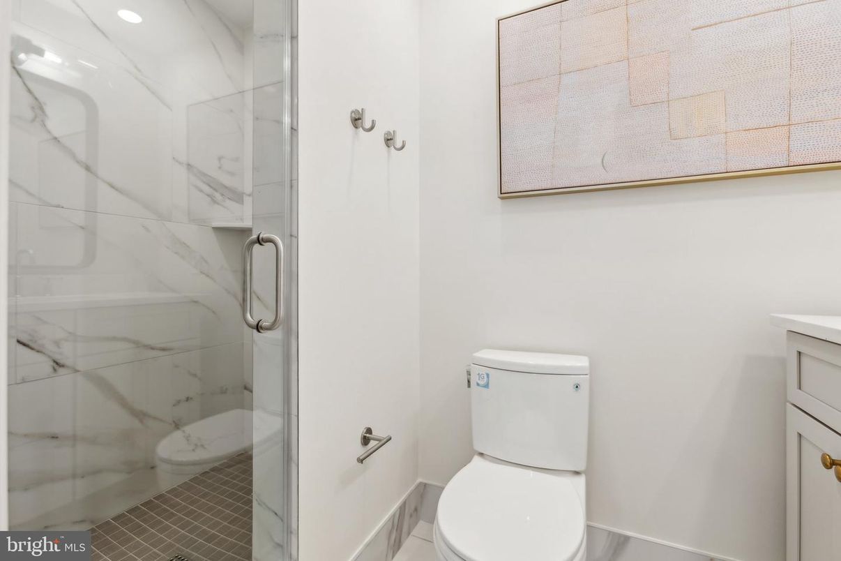 Bathroom, Glass Shower, Interior, Marble Walls, Recessed Lighting