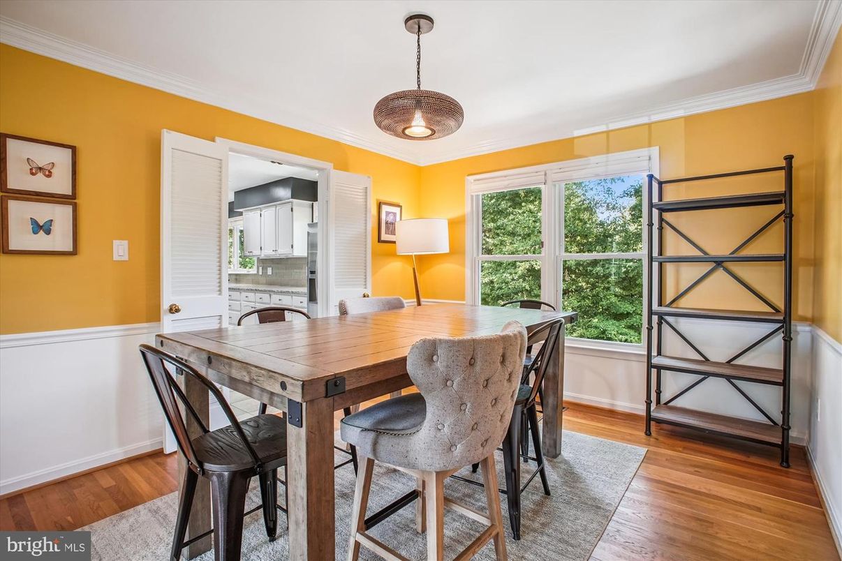Dining room, Interior, Pendant Lights, Wood Texture Flooring