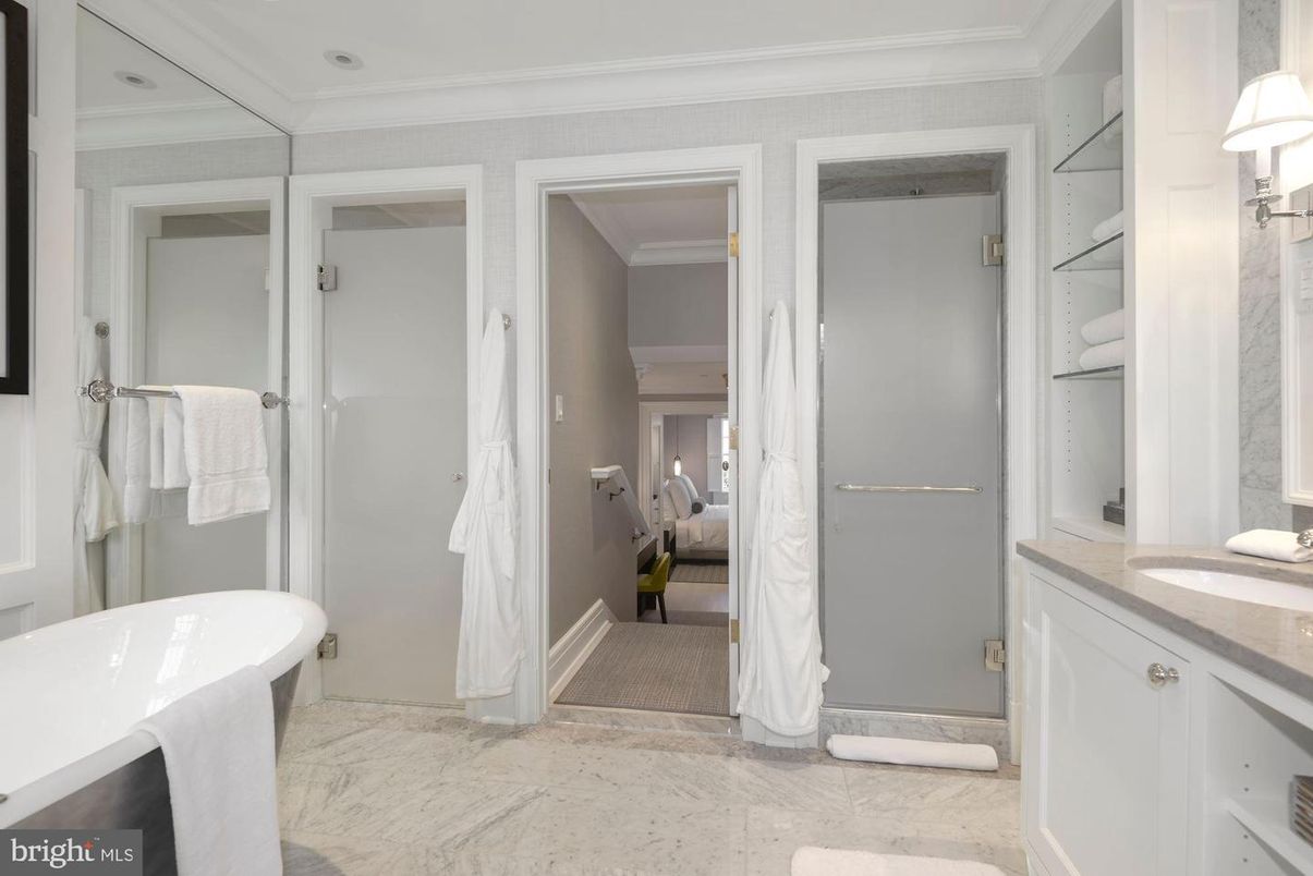Bathroom, Free Standing Baths, Interior, Marble, Recessed Lighting