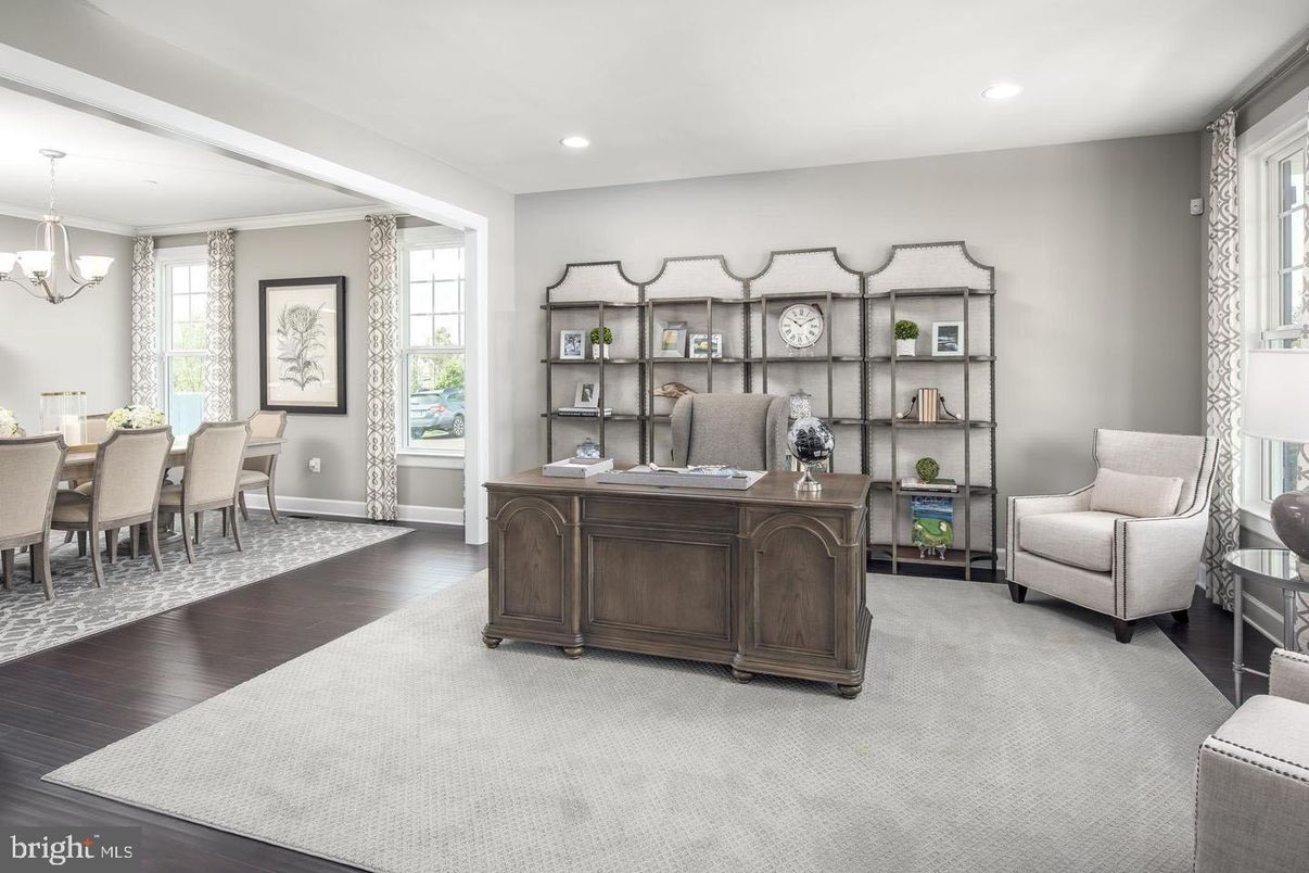 Chandelier, Home Office, Interior, Recessed Lighting, Wood Texture Flooring
