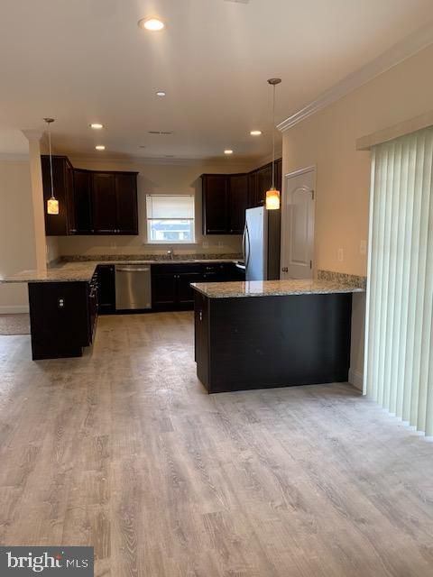 Interior, Kitchen, Pendant Lights, Recessed Lighting, Stainless Steel Appliances, Wood Texture Flooring