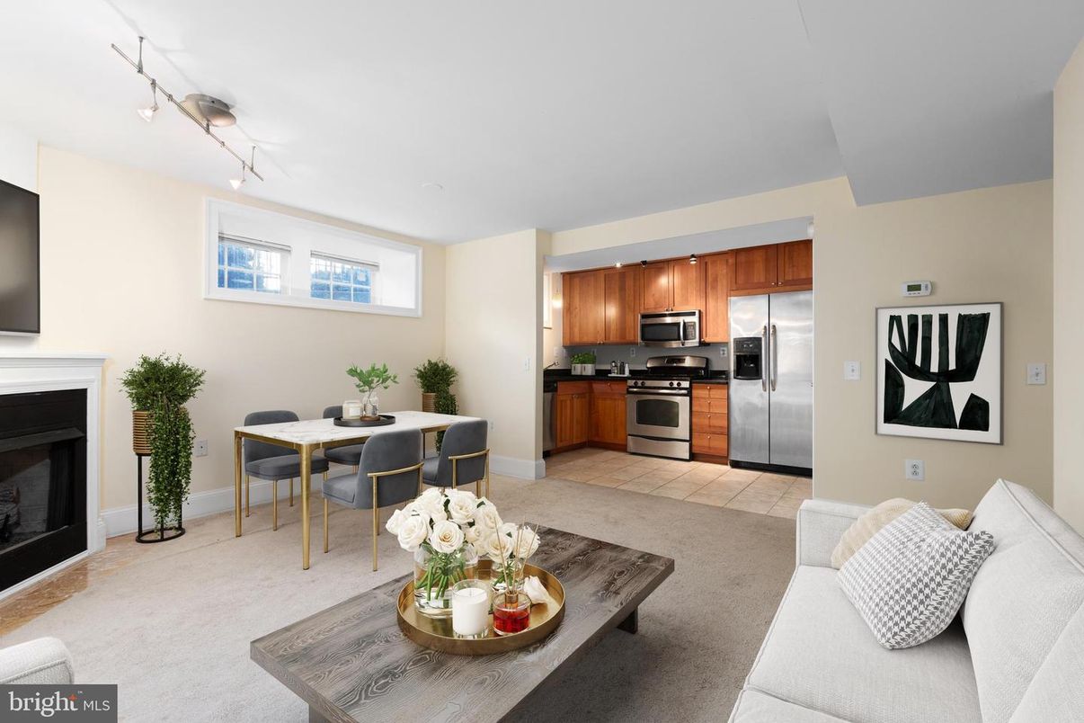 Dining room, Fireplace, Interior, Kitchen, Living room, Stainless Steel Appliances