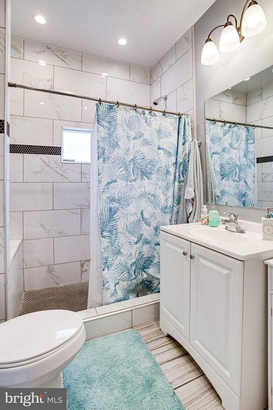 Bathroom, Interior, Marble Walls, Recessed Lighting, Wood Texture Flooring