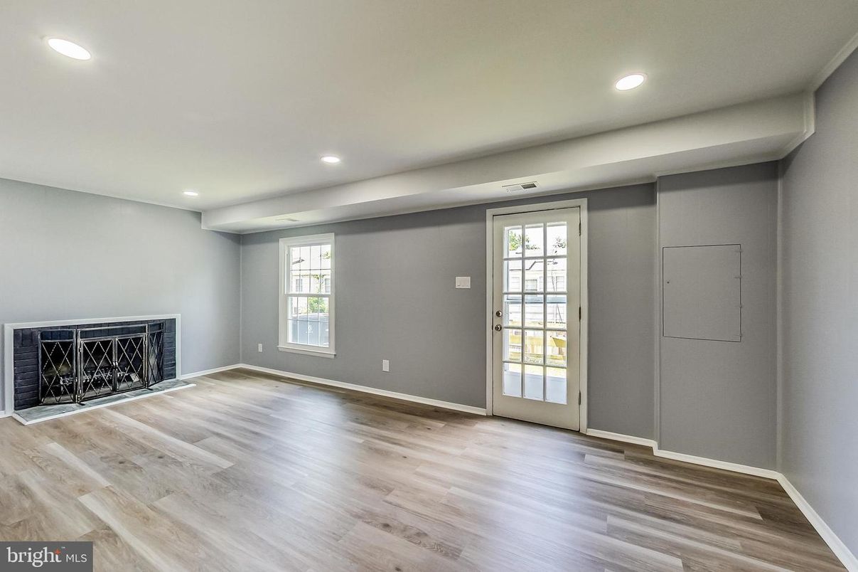 Empty room, Fireplace, Interior, Recessed Lighting, Wood Texture Flooring