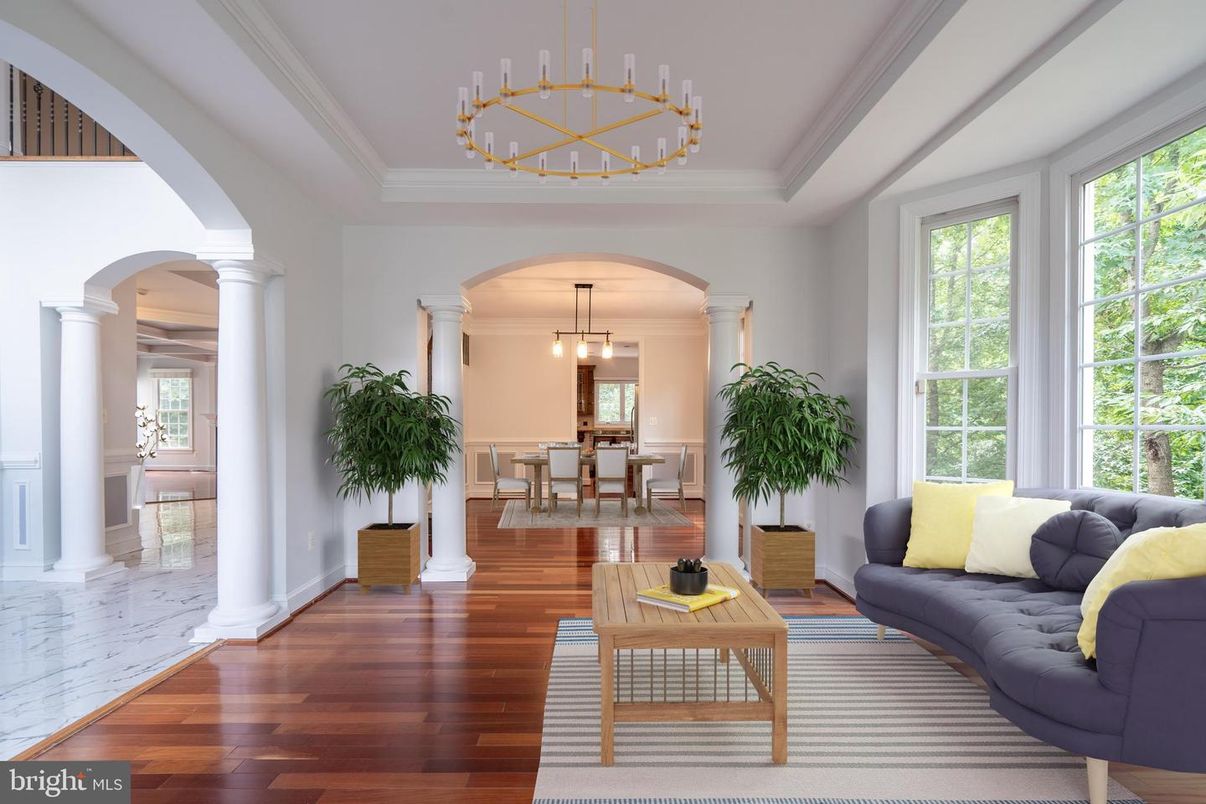 Chandelier, Dining room, Interior, Living room, Marble, Pendant Lights, Wood Texture Flooring