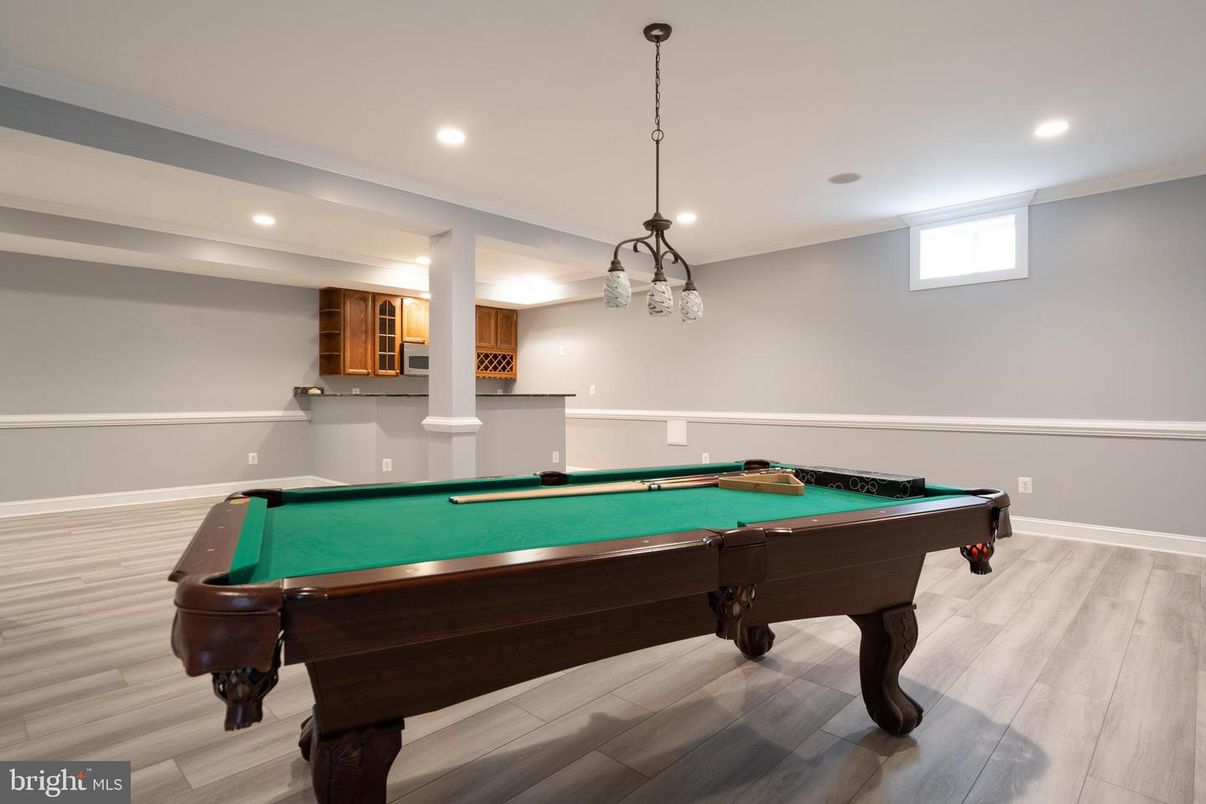 Billiard Table, Game Room, Interior, Pendant Lights, Recessed Lighting, Wood Texture Flooring