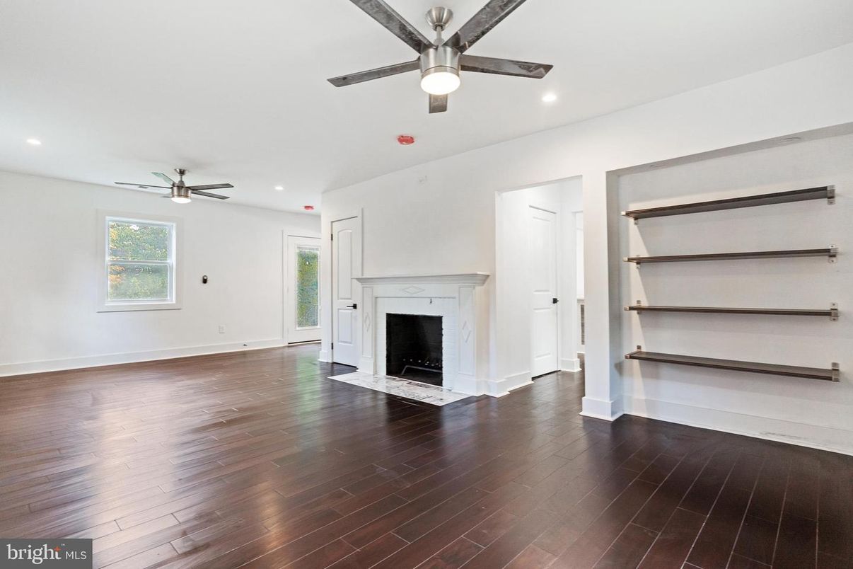 Empty room, Fireplace, Interior, Recessed Lighting, Wood Texture Flooring