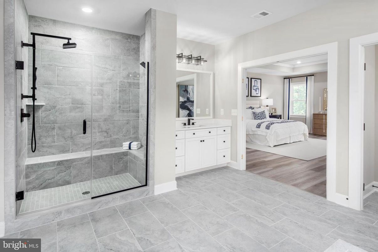 Bathroom, Bedroom, Glass Shower, Interior, Recessed Lighting, Wood Texture Flooring