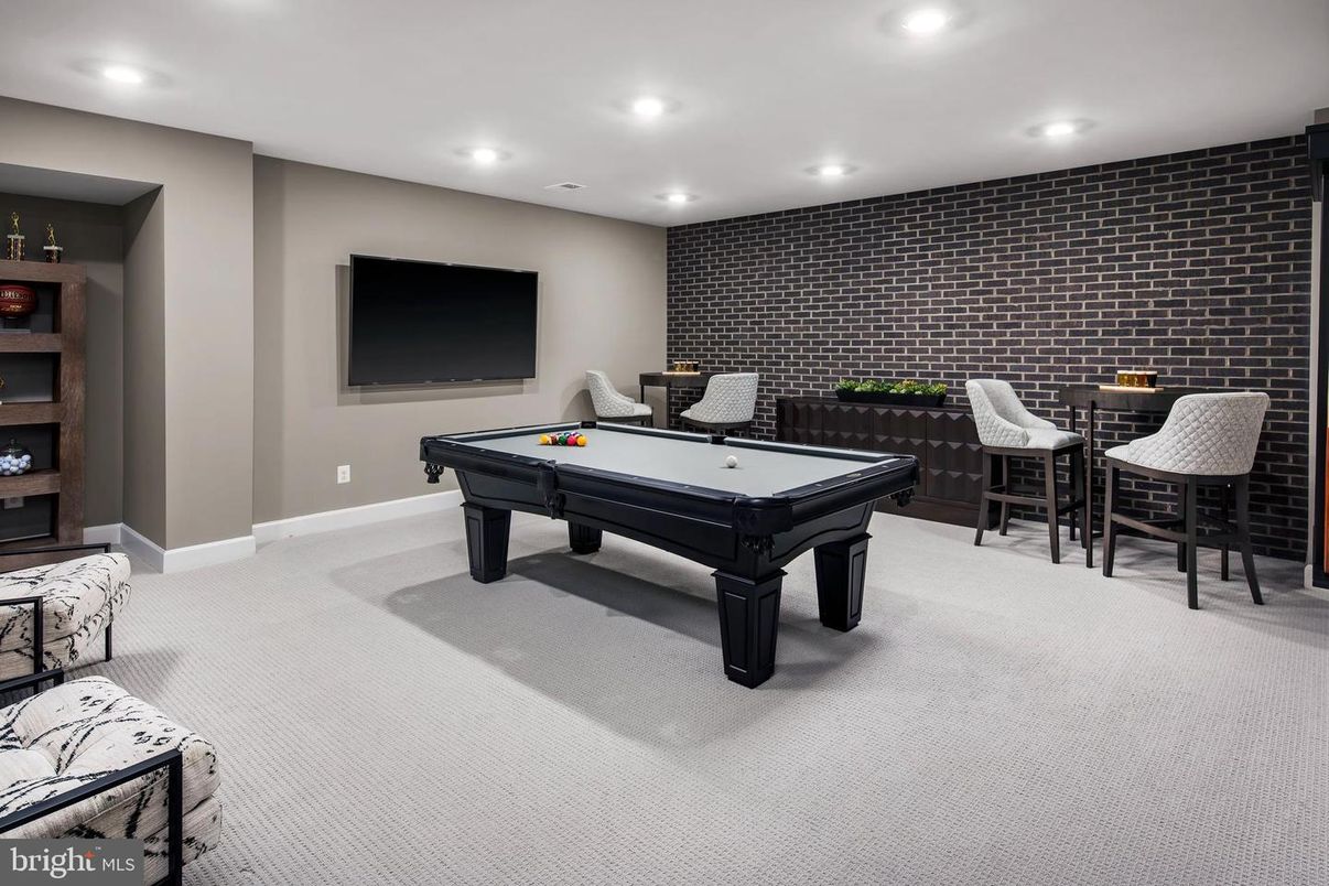 Billiard Table, Game Room, Interior, Recessed Lighting, Stone Walls