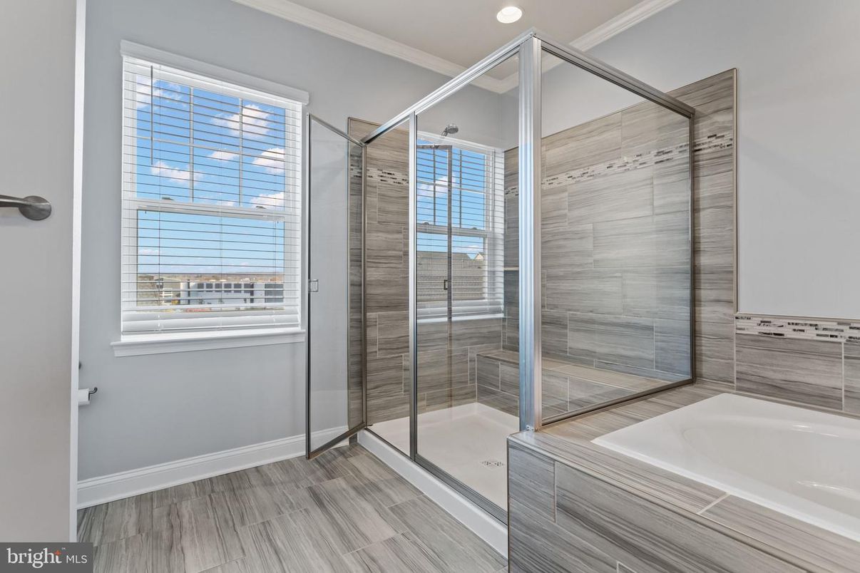 Bathroom, Glass Shower, Interior, Recessed Lighting, Wood Texture Flooring
