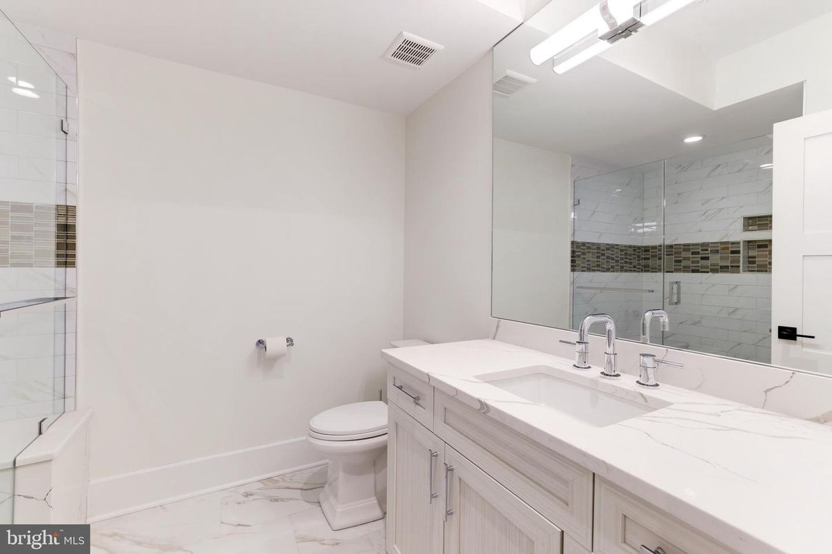 Bathroom, Glass Shower, Interior, Marble, Marble Walls, Recessed Lighting