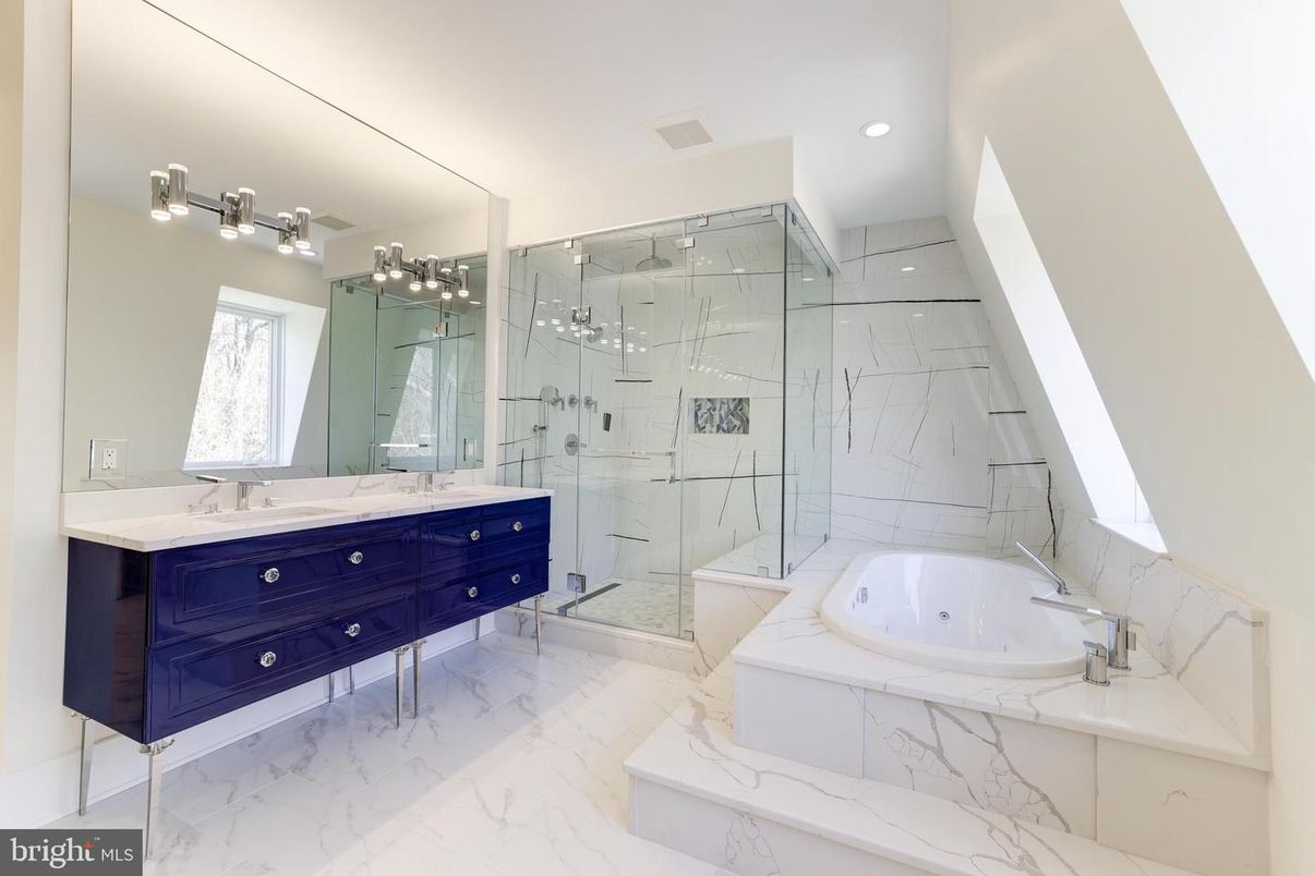 Bathroom, Glass Shower, Interior, Marble, Marble Walls, Recessed Lighting