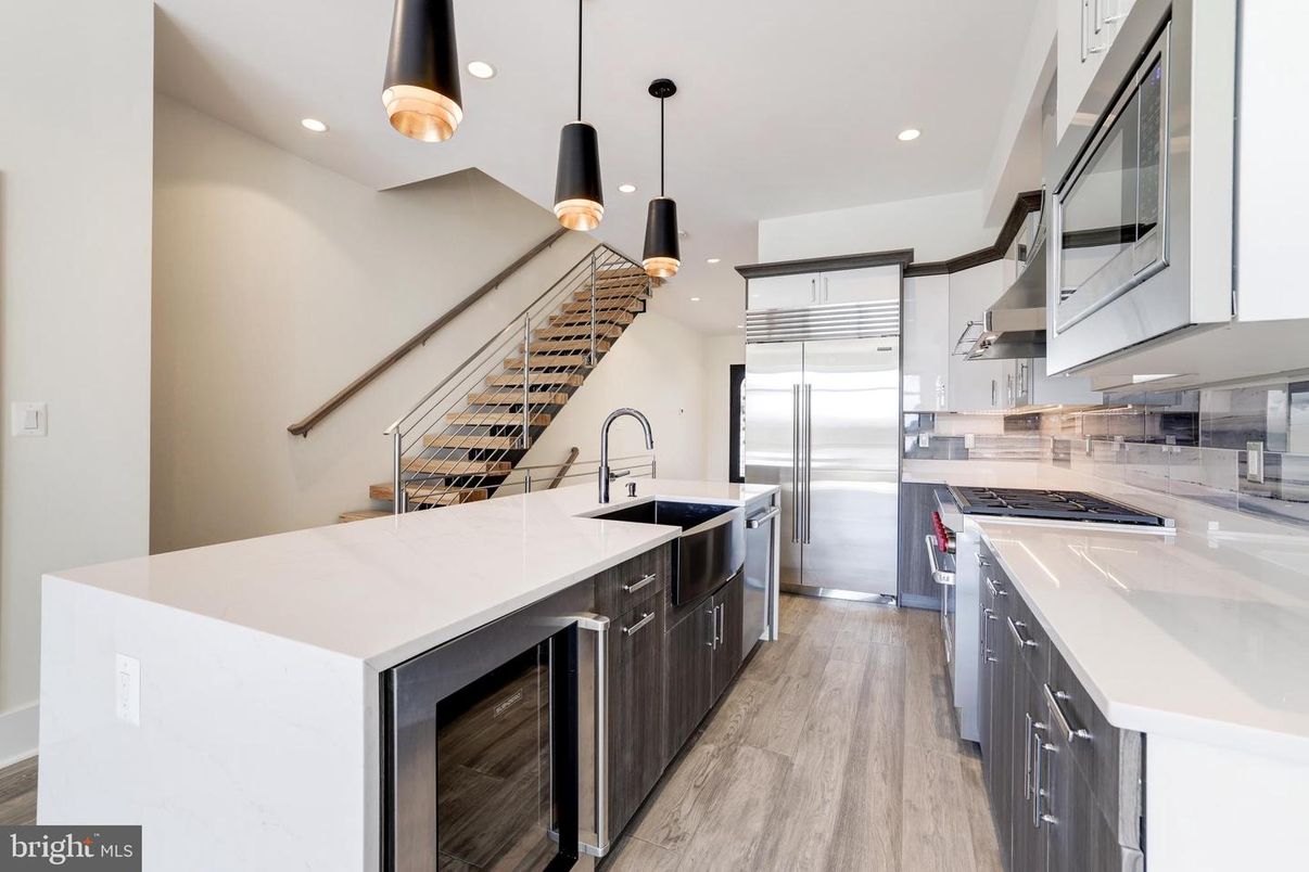 Interior, Kitchen, Pendant Lights, Recessed Lighting, Stainless Steel Appliances, Wood Texture Flooring