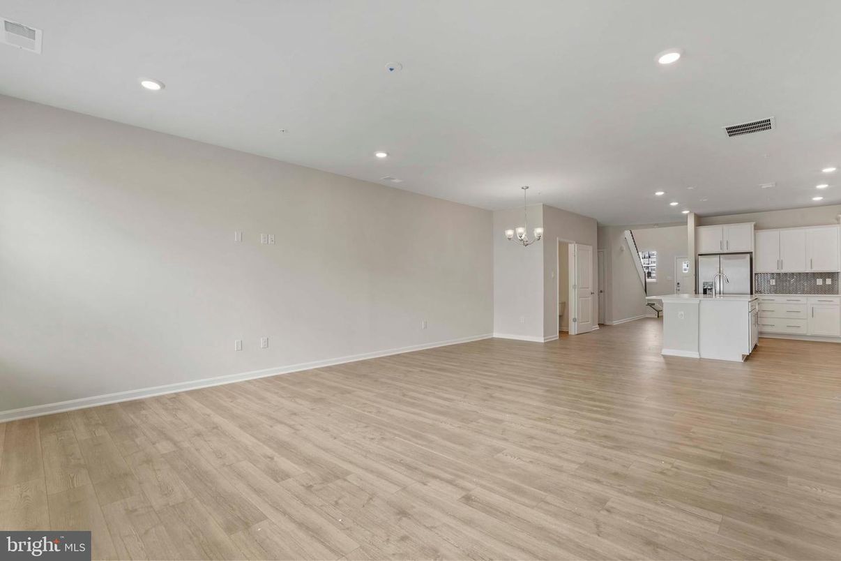 Chandelier, Empty room, Interior, Kitchen, Recessed Lighting, Wood Texture Flooring