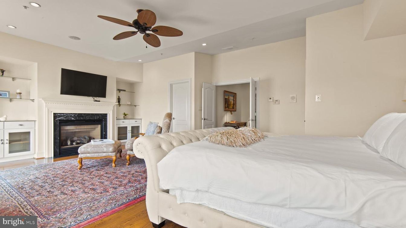 Bedroom, Fireplace, Interior, Recessed Lighting, Wood Texture Flooring