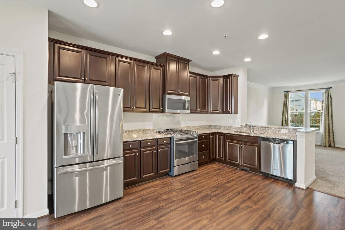Interior, Kitchen, Recessed Lighting, Stainless Steel Appliances, Wood Texture Flooring