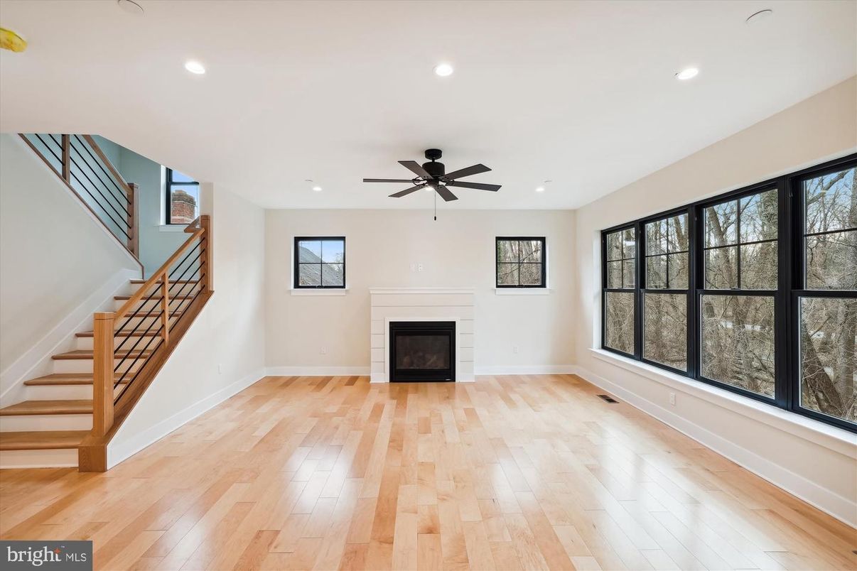 Empty room, Fireplace, Interior, Recessed Lighting, Wood Texture Flooring
