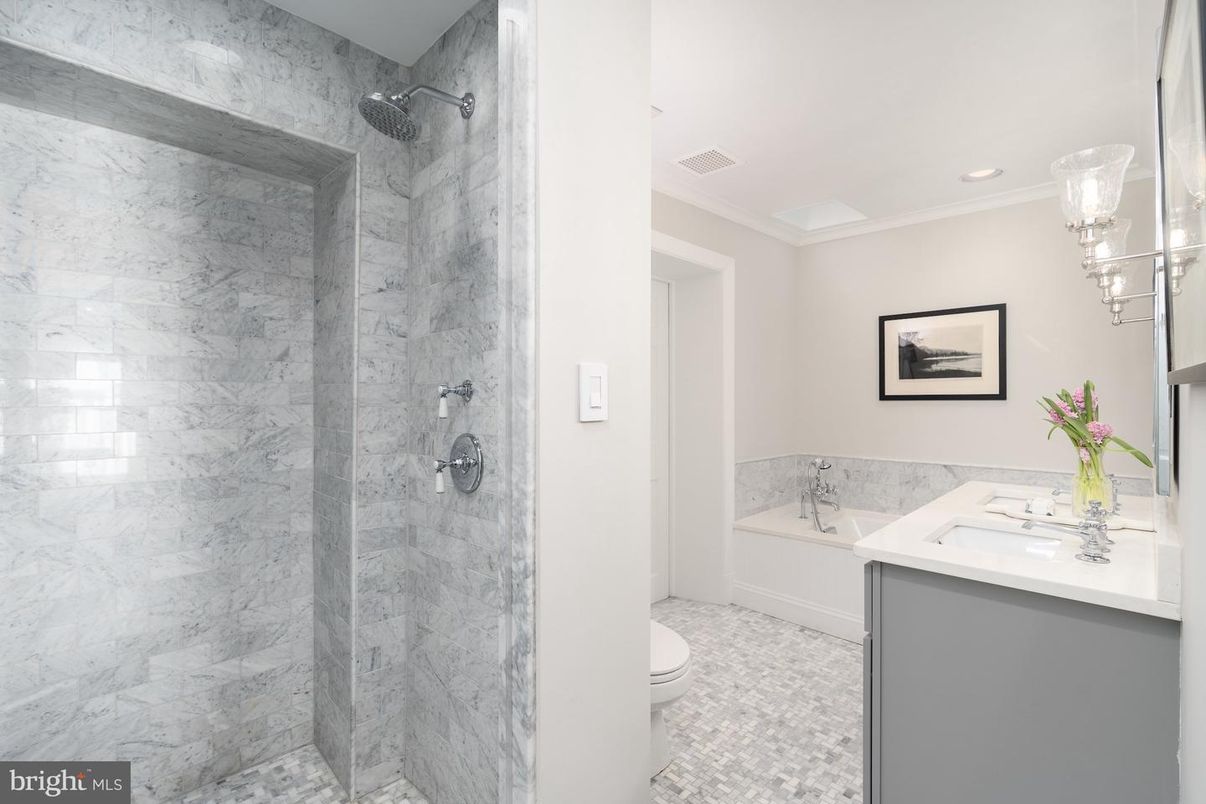 Bathroom, Glass Shower, Interior, Marble Walls, Recessed Lighting