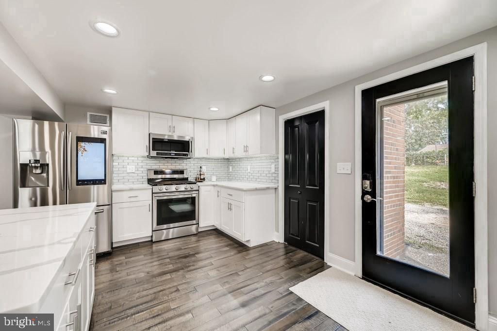 Interior, Kitchen, Recessed Lighting, Stainless Steel Appliances, Wood Texture Flooring