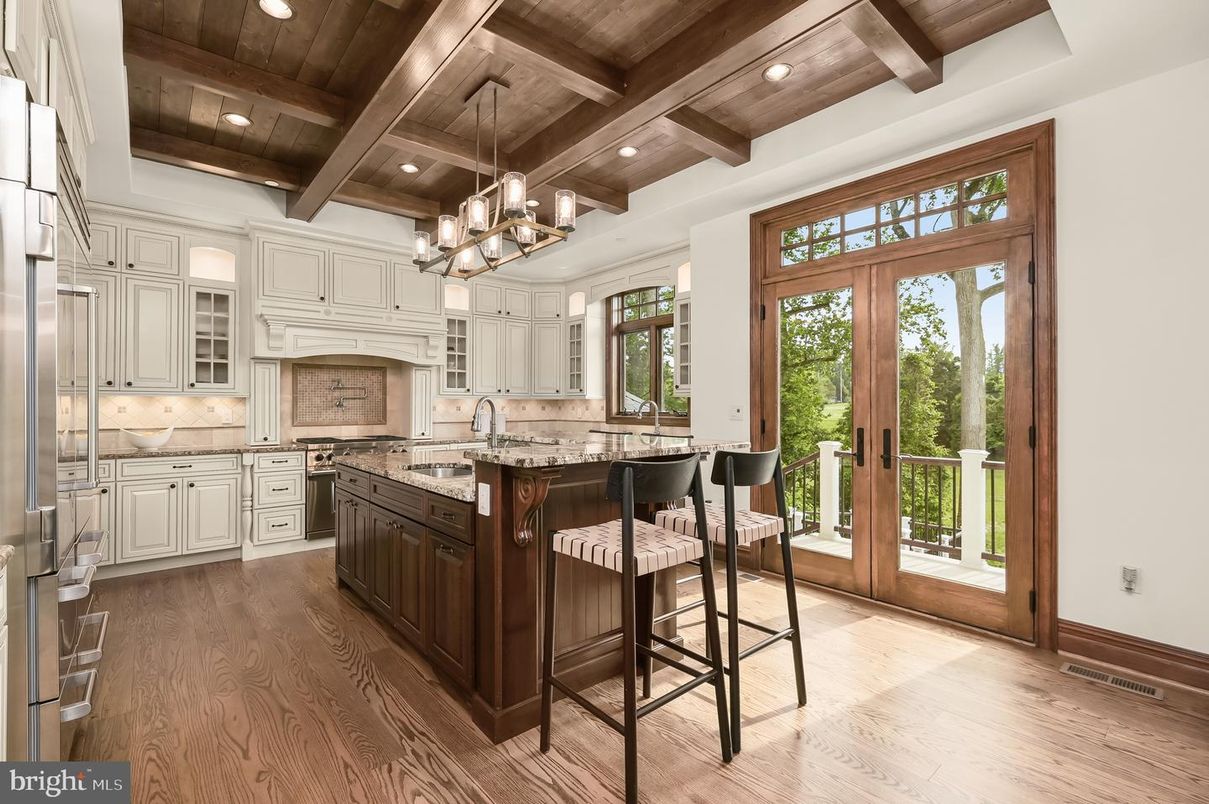 Chandelier, Interior, Kitchen, Recessed Lighting, Wooden Beams, Wooden Ceilings, Wood Texture Flooring