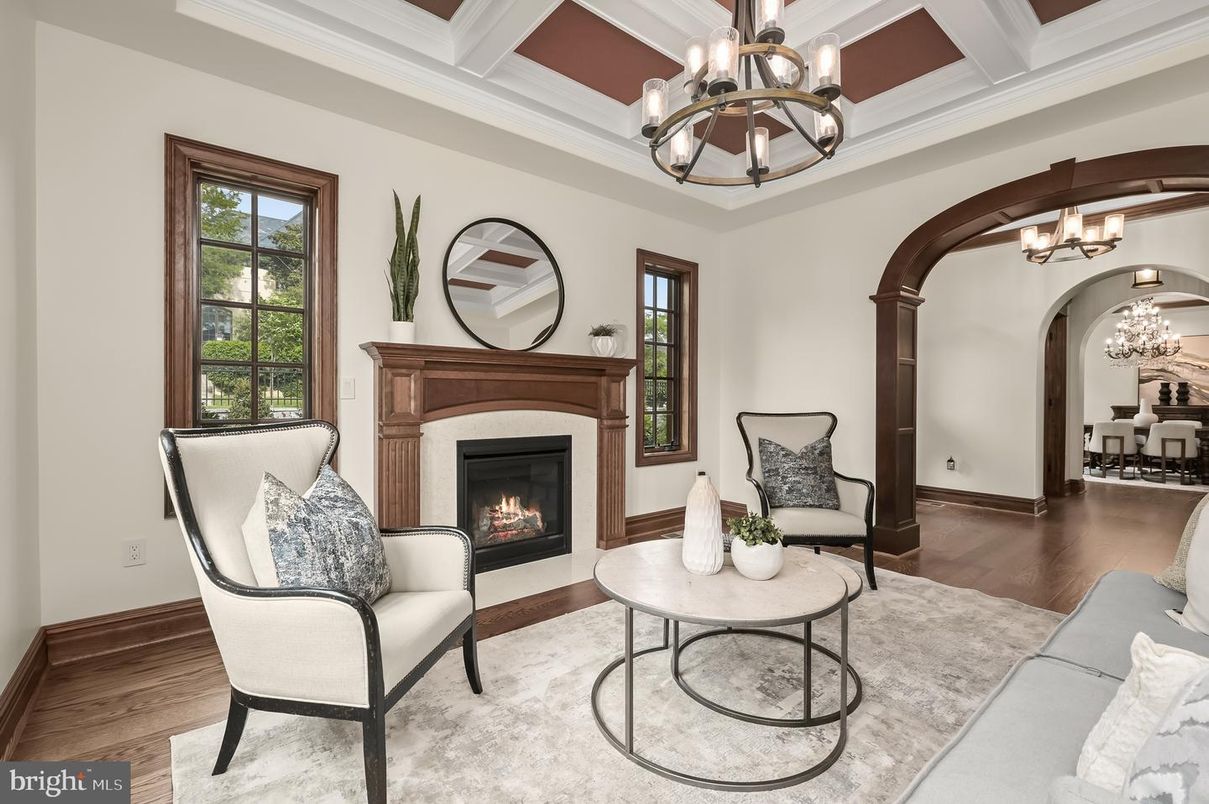 Chandelier, Dining room, Fireplace, Interior, Living room, Wood Texture Flooring