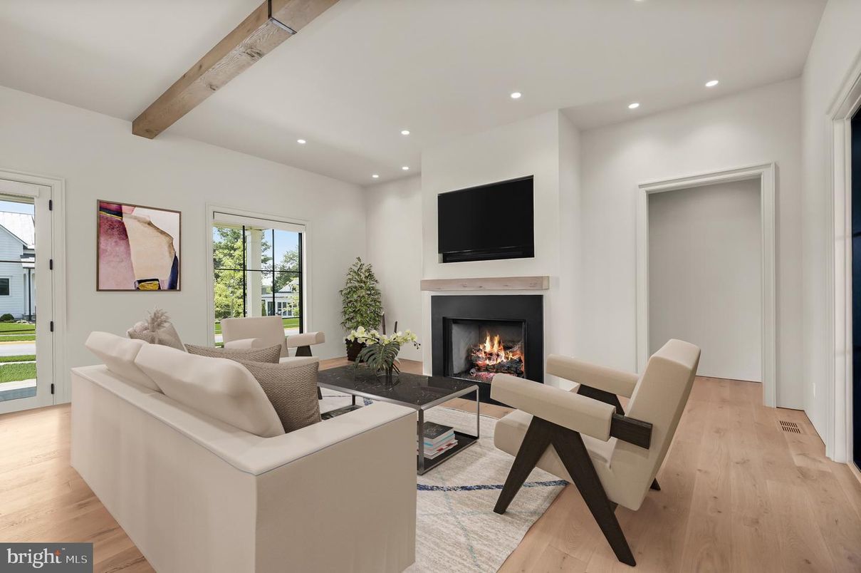 Fireplace, Interior, Living room, Recessed Lighting, Wooden Beams, Wood Texture Flooring