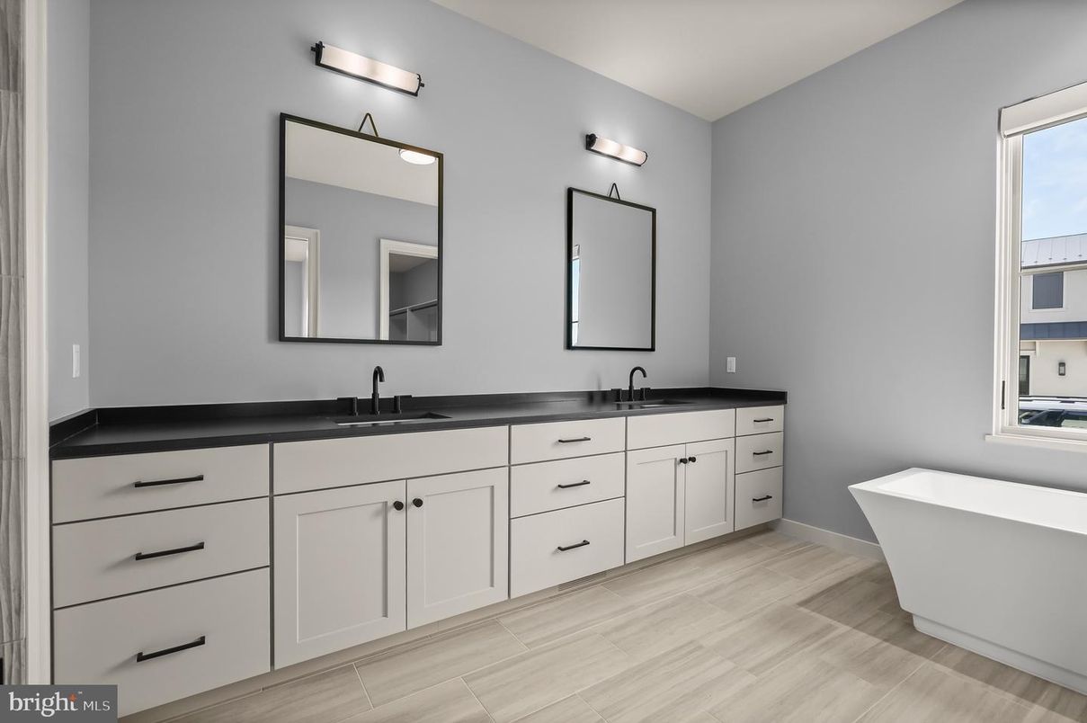Bathroom, Dual Sink Vanities, Free Standing Baths, Interior, Wood Texture Flooring