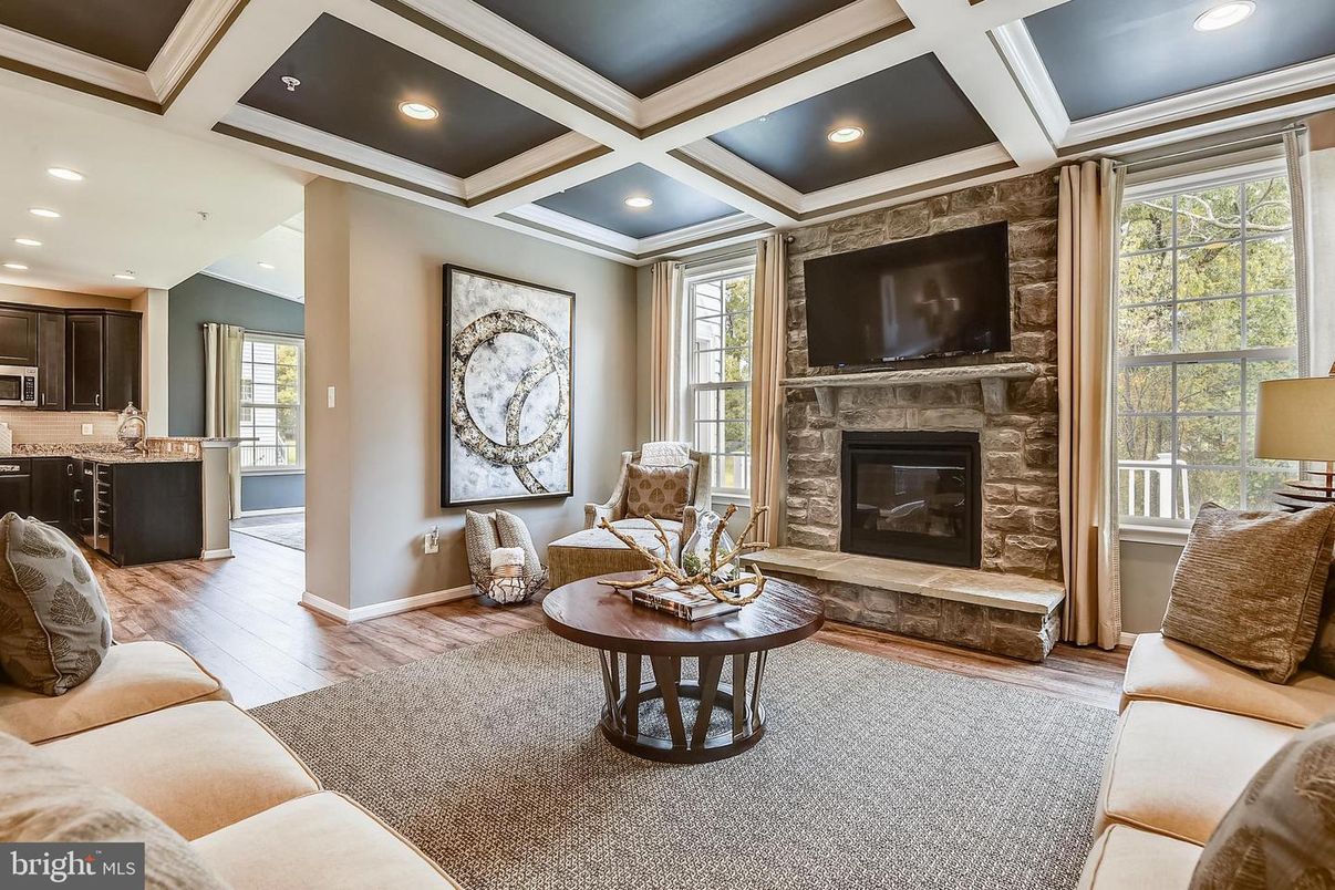 Fireplace, Interior, Kitchen, Living room, Recessed Lighting, Wood Texture Flooring