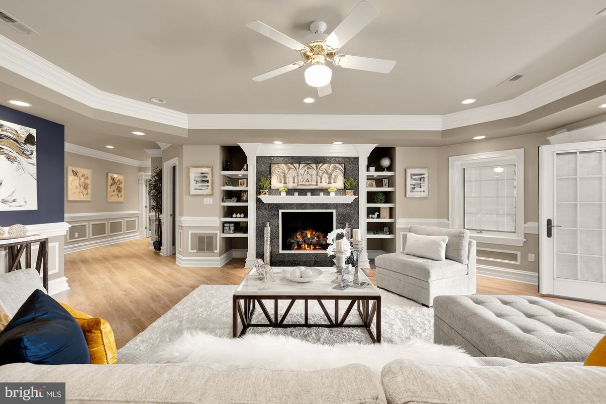 Fireplace, Interior, Living room, Recessed Lighting, Wood Texture Flooring
