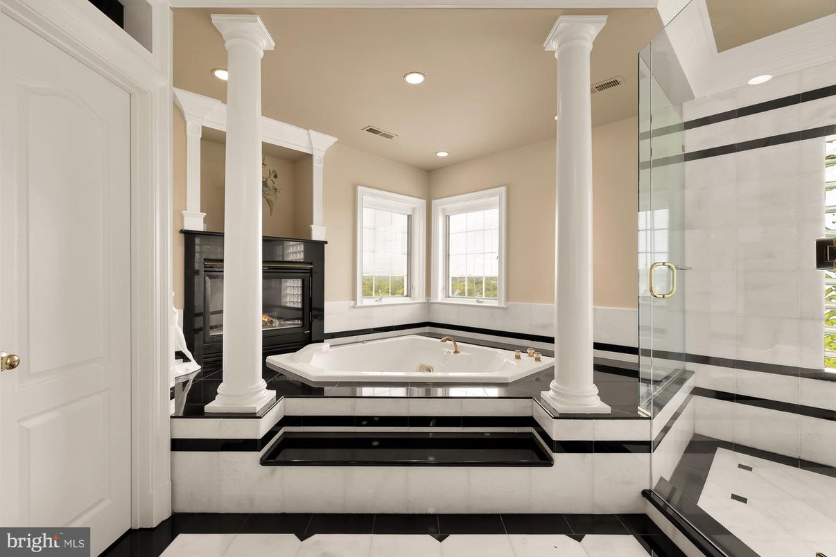 Bathroom, Fireplace, Glass Shower, Interior, Recessed Lighting