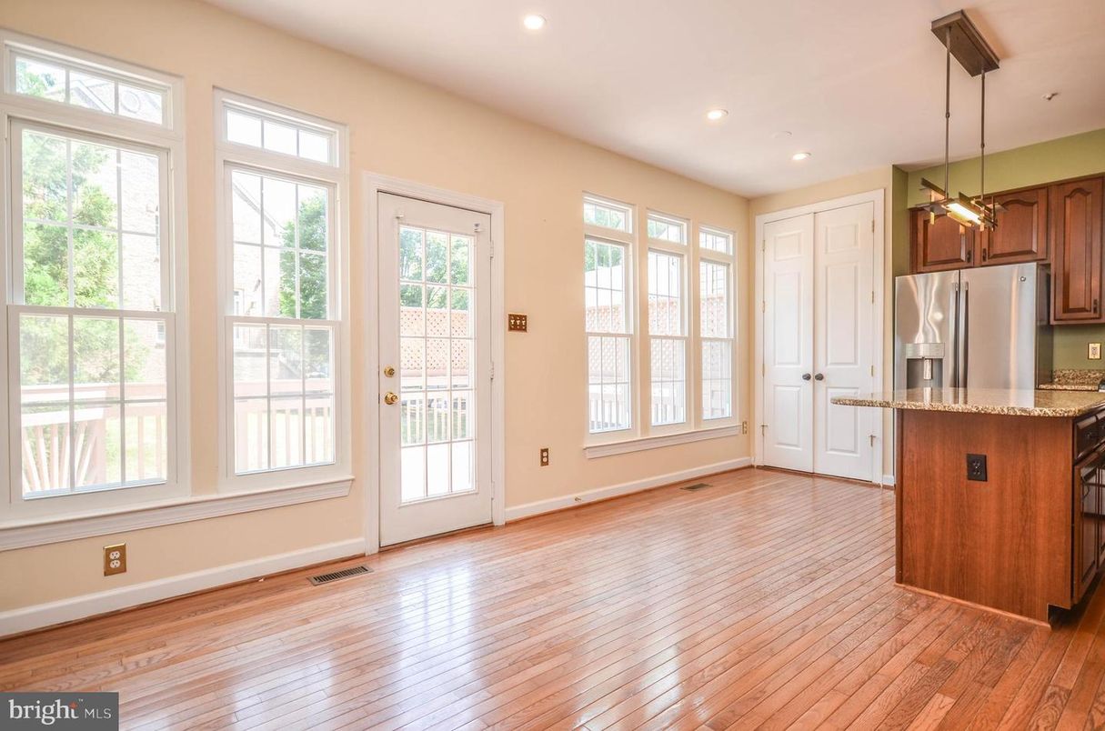 Empty room, Interior, Kitchen, Pendant Lights, Recessed Lighting, Wood Texture Flooring