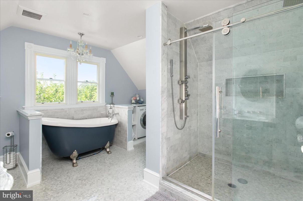 Bathroom, Chandelier, Free Standing Baths, Glass Shower, Interior