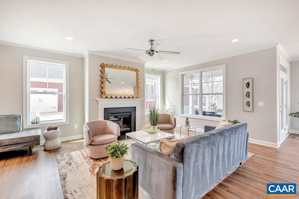 Fireplace, Interior, Living room, Recessed Lighting, Wood Texture Flooring