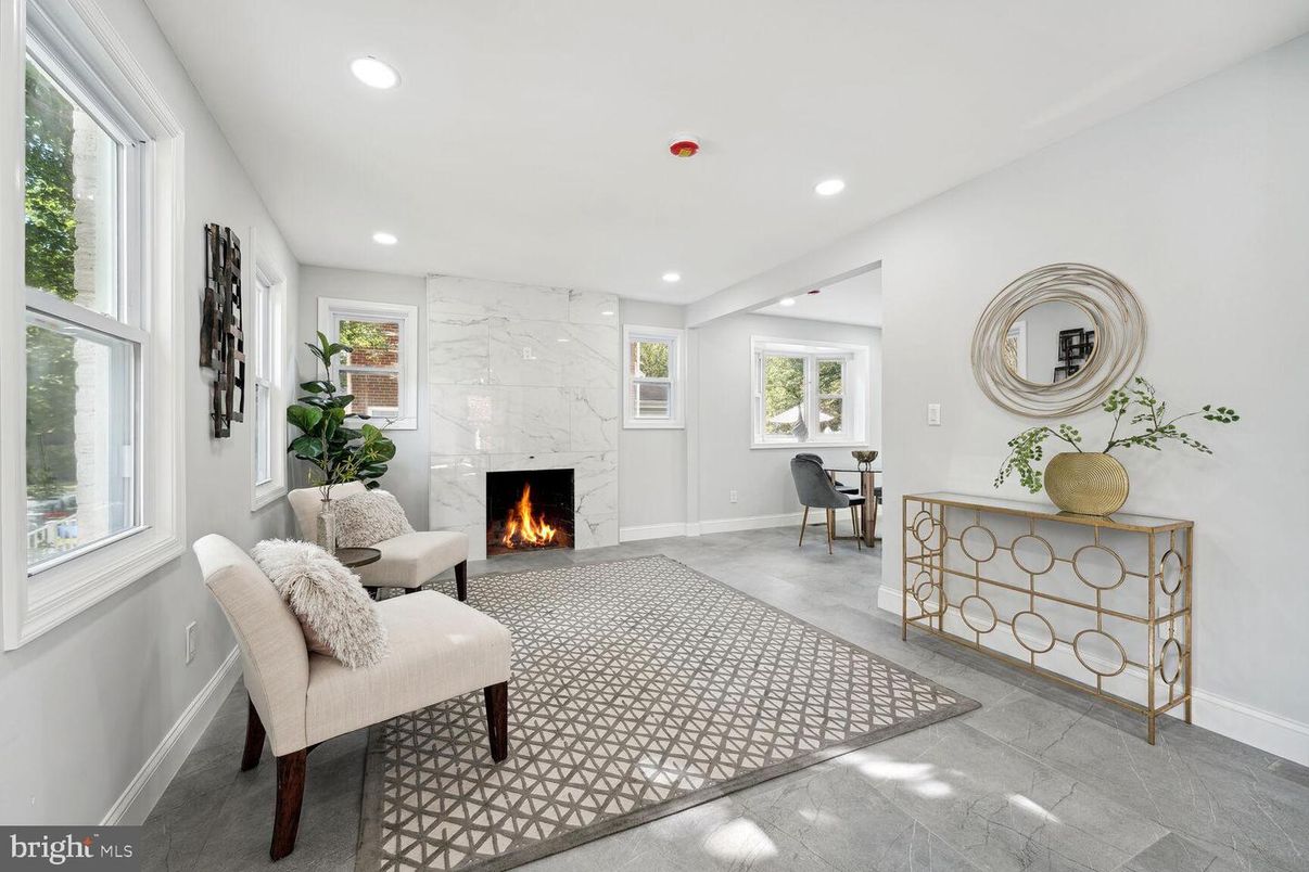 Fireplace, Interior, Marble Walls, Recessed Lighting