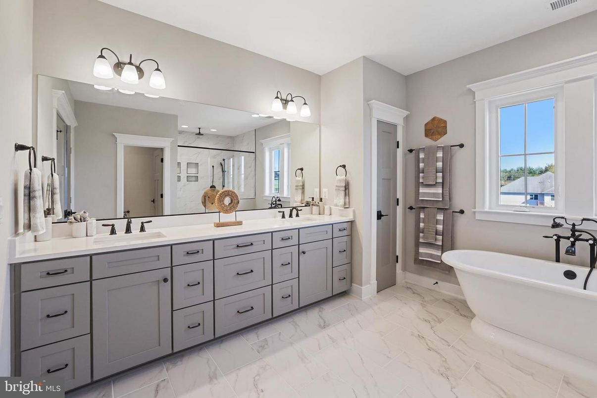 Bathroom, Dual Sink Vanities, Free Standing Baths, Interior, Marble