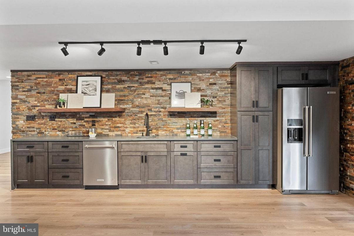 Interior, Kitchen, Stainless Steel Appliances, Stone Walls, Wood Texture Flooring