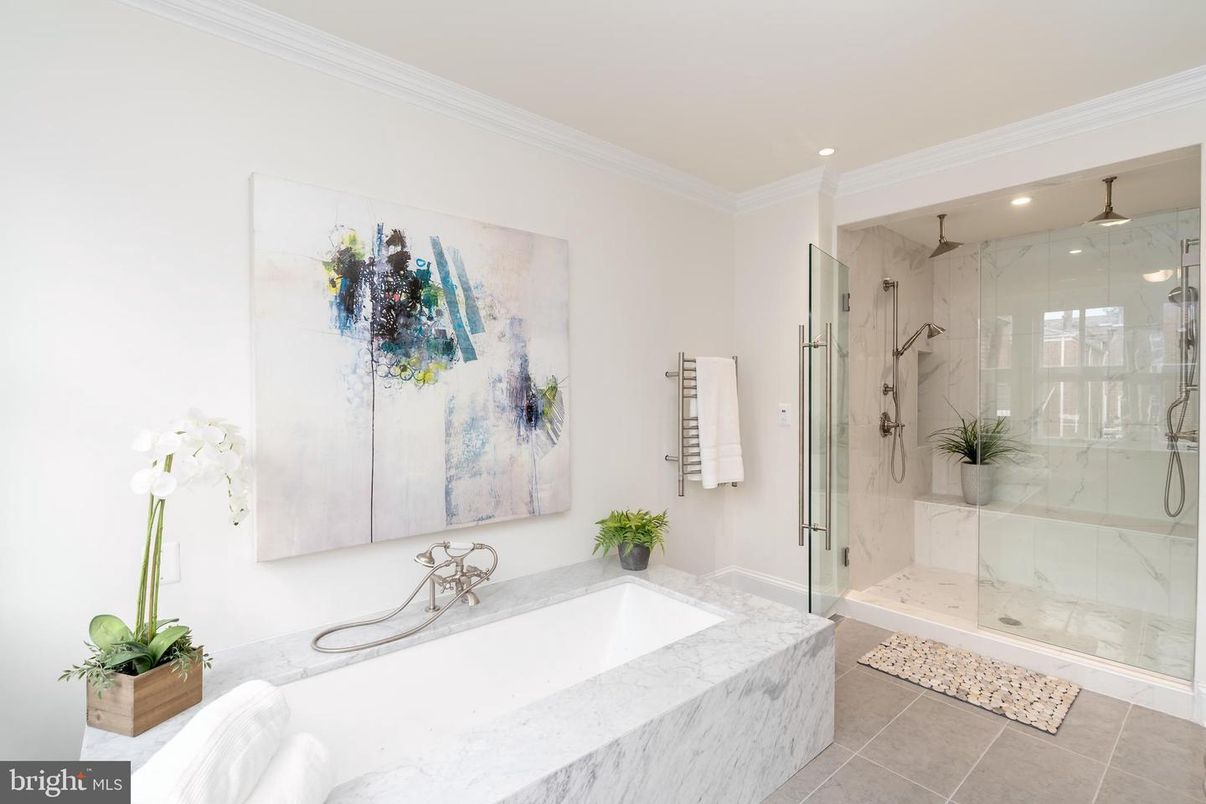 Bathroom, Glass Shower, Interior, Marble Walls, Recessed Lighting