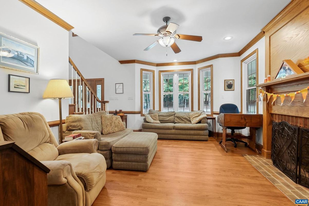 Fireplace, Home Office, Interior, Living room, Recessed Lighting, Wood Texture Flooring