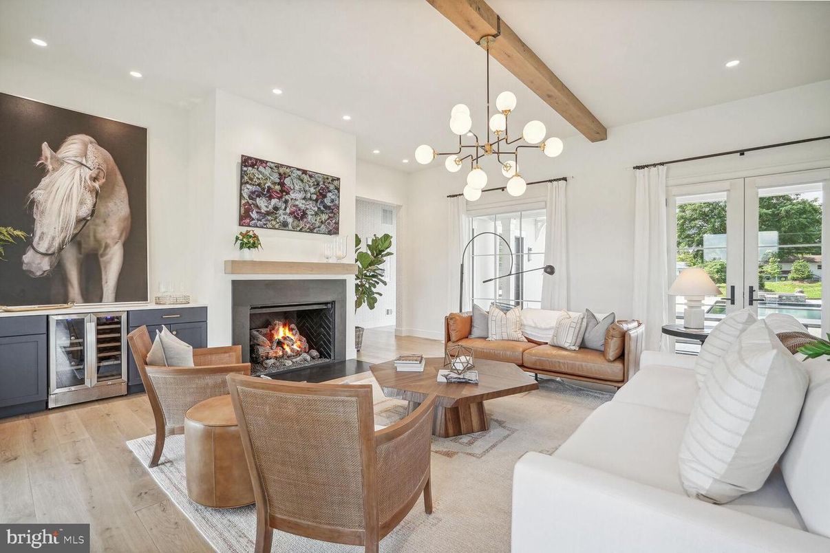 Fireplace, Interior, Living room, Pendant Lights, Recessed Lighting, Wooden Beams, Wood Texture Flooring