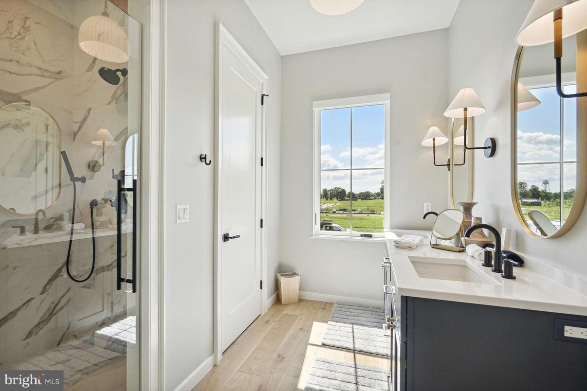 Bathroom, Glass Shower, Interior, Marble Walls, Wood Texture Flooring
